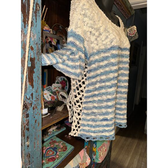 FREE PEOPLE FRENCH CREEK COTTON SLUB KNIT STRIPED SWEATER W/ CROCHET SIDES S - Picture 5 of 11